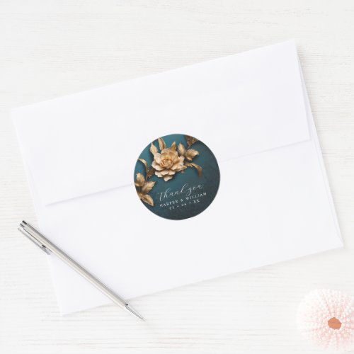 Golden rose wedding thank you classic round sticker