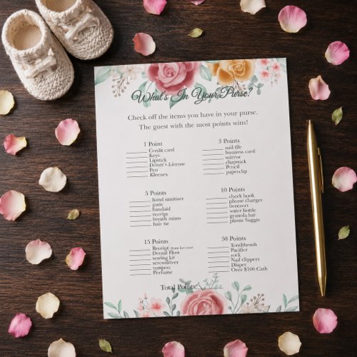 Golden Rose What's In Your Purse Baby Shower Game Notepad