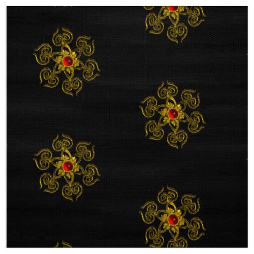 GOLDEN ROSE WITH RED RUBY Black Pattern Fabric