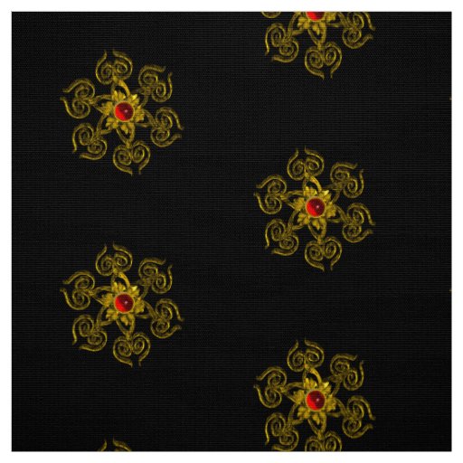GOLDEN ROSE WITH RED RUBY Black Pattern Fabric