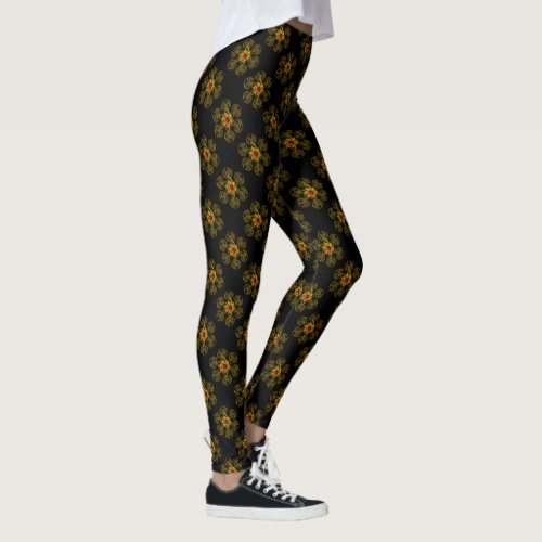 GOLDEN ROSE WITH RED RUBY Black Pattern Leggings