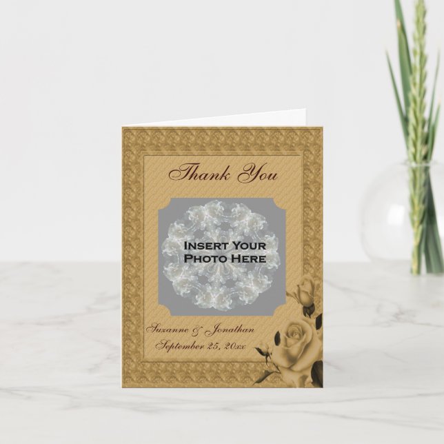 Golden Rosebuds Personalized Wedding Photo  Thank You Card (Front)