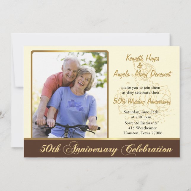 Golden roses - 50th wedding anniversary invitation (Front)
