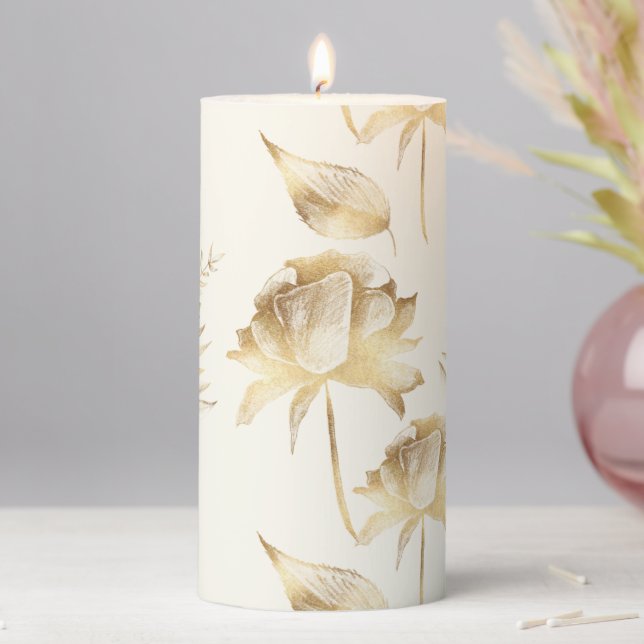 Golden Roses and Ferns Ivory Pillar Candle (In Situ)