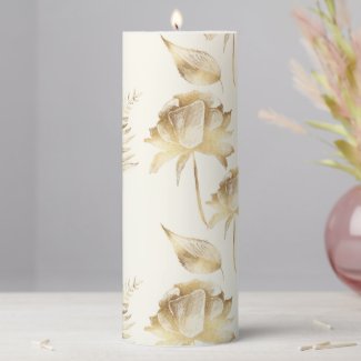 Golden Roses and Ferns Ivory Pillar Candle