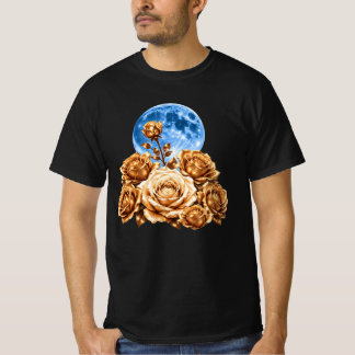 Golden Roses & Blue Full Moon Celestial Aesthetic T-Shirt