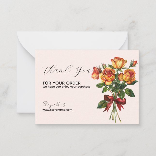 Golden Roses Bouquet with Red Ribbon Thank You Note Card (Front)