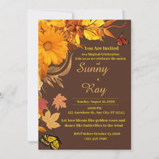 Golden Roses & Butterflies Wedding Invitation
