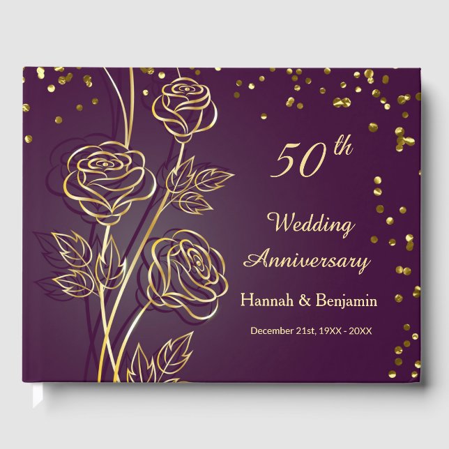 Golden Roses Confetti 50th Wedding Anniversary  Guest Book (Front)