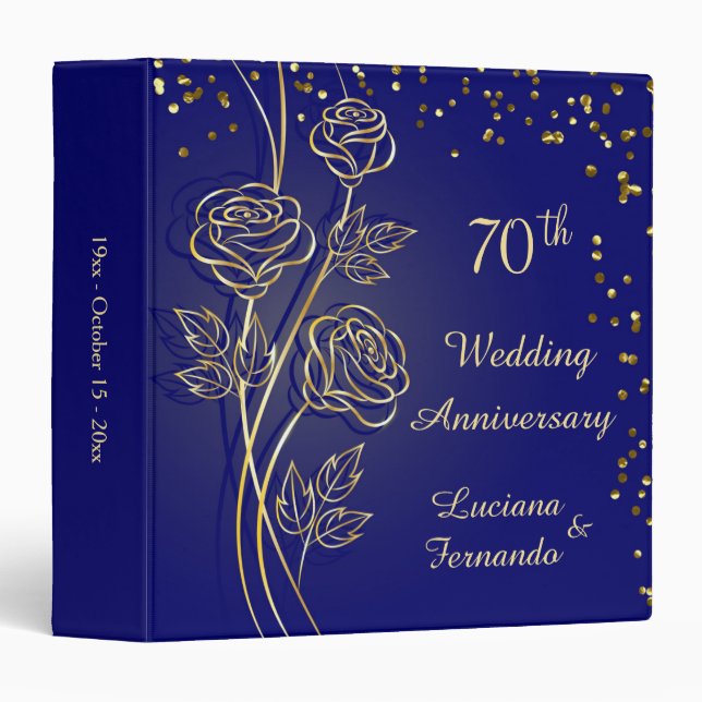 Golden roses, confetti on blue 70th Anniversary Binder (Front/Spine)