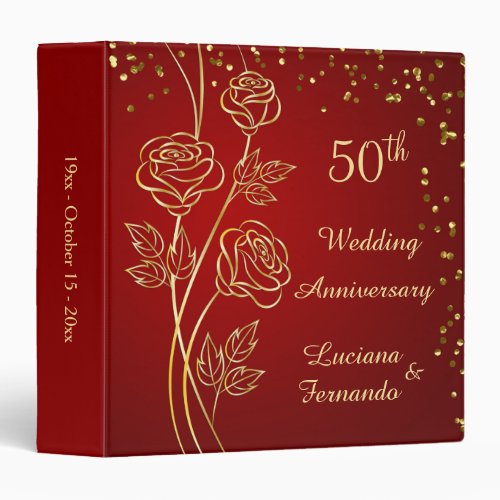 Golden roses confetti on red 50th Anniversary 3 Ring Binder