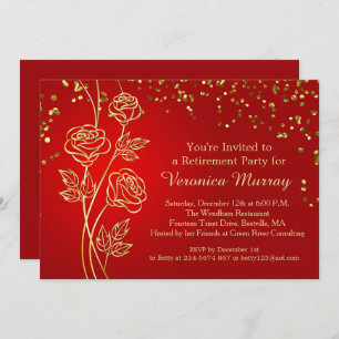 Golden roses, confetti on red Retirement Party Invitation