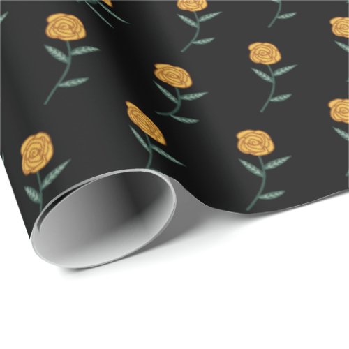 Golden Roses Ditsy Floral Black Holiday Gift Wrapping Paper