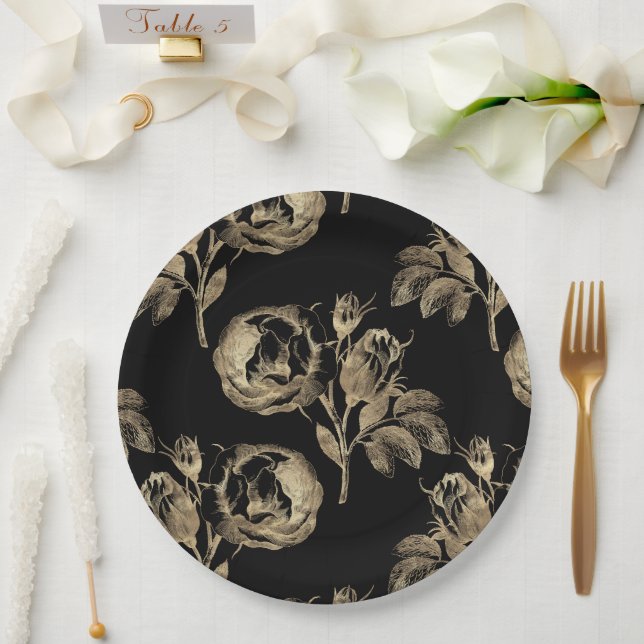 Golden Roses | Elegant Gold Floral on Black Paper Plates (Wedding)