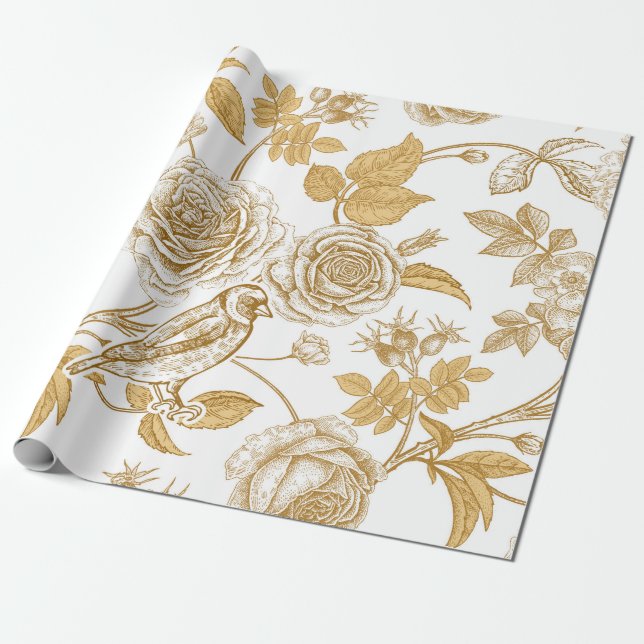 Golden roses,  flowers,  leaves and berries of dog wrapping paper (Unrolled)