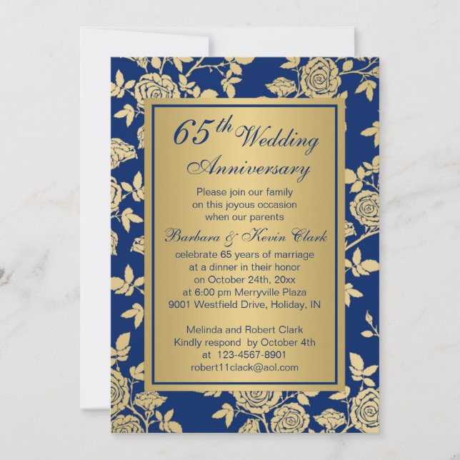 Golden roses on blue 65th Anniversary Invitation (Front)