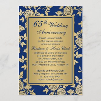 Golden Roses On Blue 65th Anniversary Invitation by IrinaFraser at Zazzle