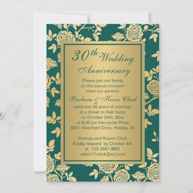 Golden roses on green 30th Anniversary Invitation (Front)