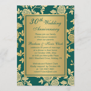 Golden roses on green 30th Anniversary Invitation