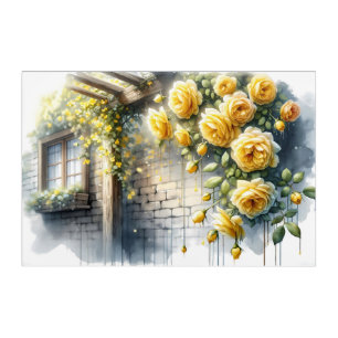 Golden Roses on Rustic Stone Cottage Wall Acrylic Print