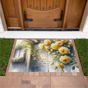 Golden Roses on Rustic Stone Cottage Wall Doormat
