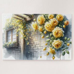 Golden Roses on Rustic Stone Cottage Wall Jigsaw Puzzle