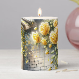 Golden Roses on Rustic Stone Cottage Wall Pillar Candle