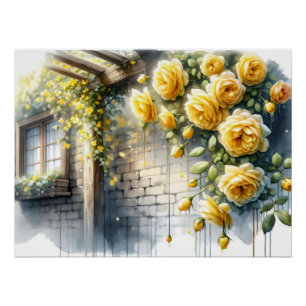 Golden Roses on Rustic Stone Cottage Wall Poster