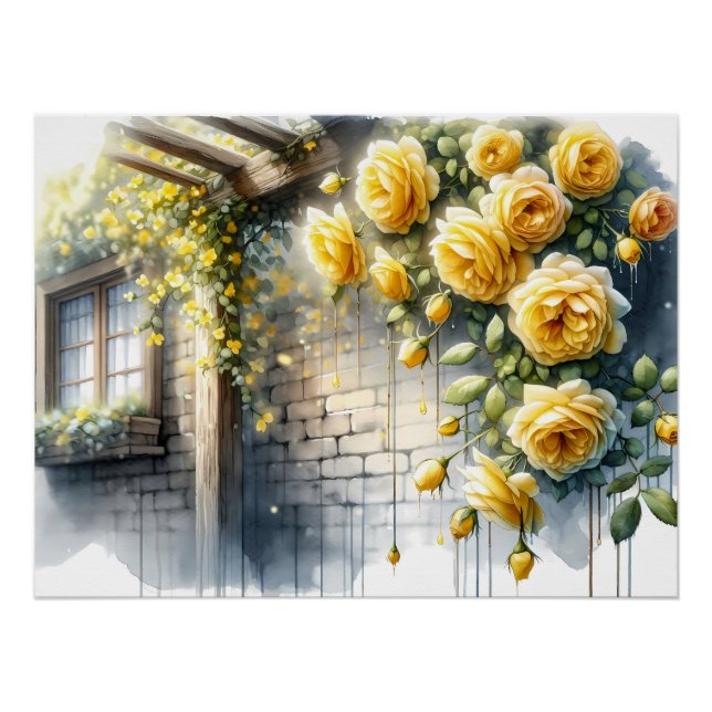 Golden Roses on Rustic Stone Cottage Wall Poster (Front)