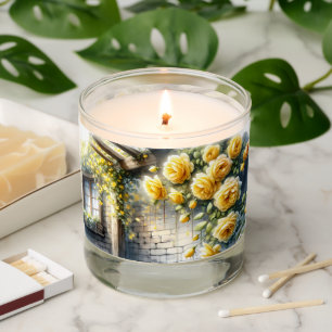 Golden Roses on Rustic Stone Cottage Wall Scented Candle