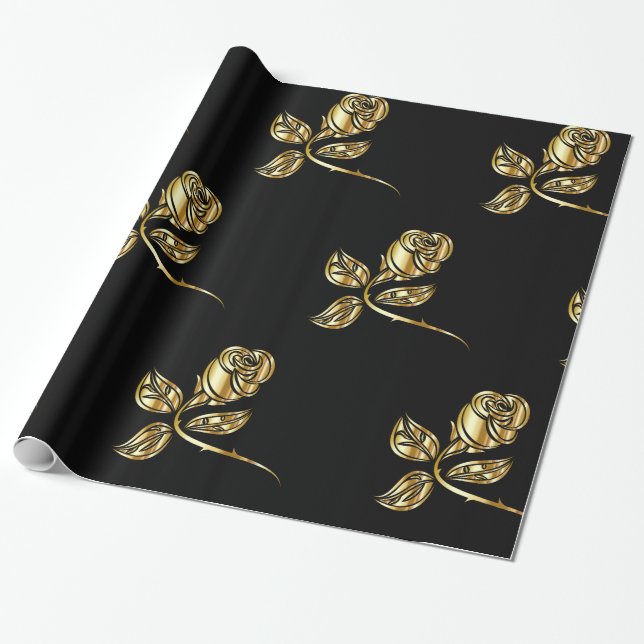 Golden Roses Pattern Wrapping Paper (Unrolled)