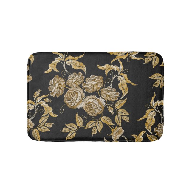 Golden Roses: Vintage Embroidery Pattern Bath Mat (Front)