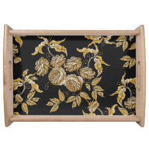 Golden Roses: Vintage Embroidery Pattern Serving Tray