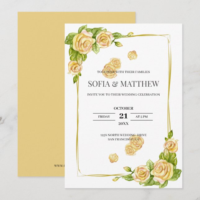 Golden Roses Wedding Invitation (Front/Back)