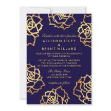 Golden Roses Wedding Invitation - Blue