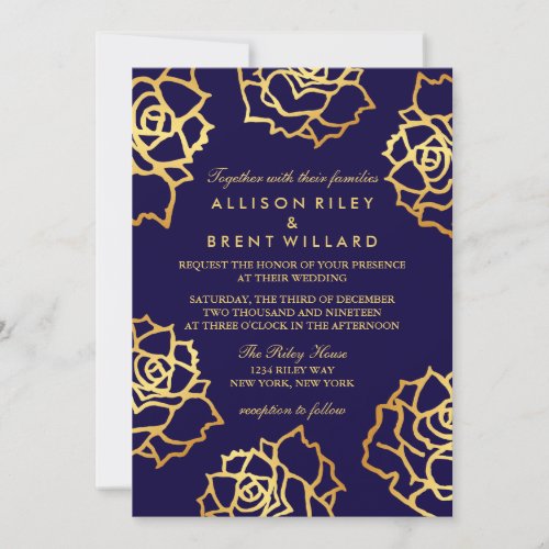 Golden Roses Wedding Invitation _ Blue