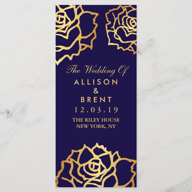 Golden Roses Wedding Program - Blue (Front)