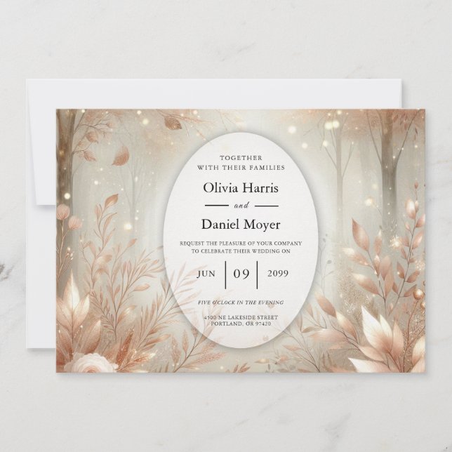Golden Rosewood Enchanted Forest Wedding Invitation (Front)