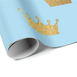 Golden Royal Blue King Crown Heraldic Princess Wrapping Paper