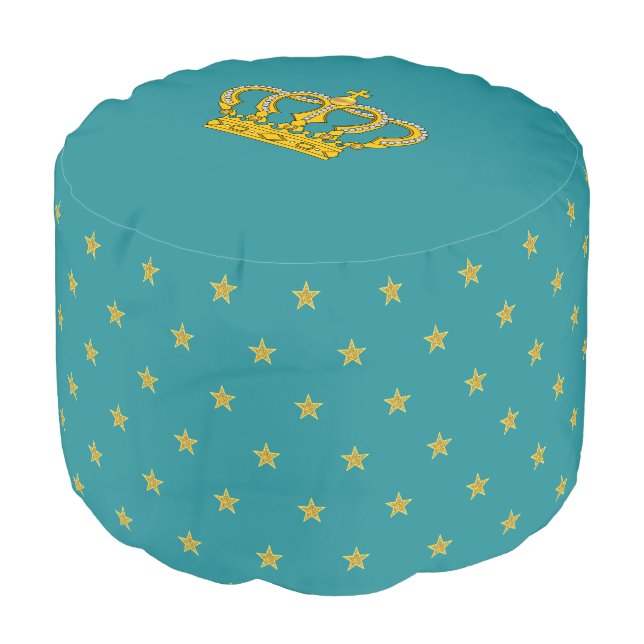 Golden Royal Crown and Star Pattern on Teal Pouf (Angled Front)