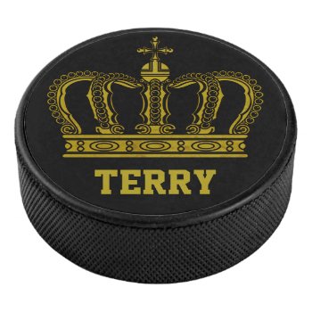 Golden Royal Crown I   Your Backgr. & Name Hockey Puck by EDDArtSHOP at Zazzle