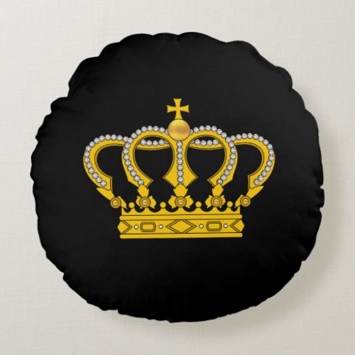 Golden Royal Crown on Black Round Pillow