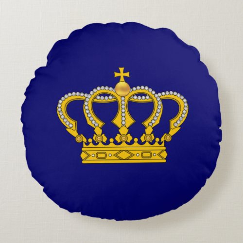 Golden Royal Crown on Royal Blue Round Pillow