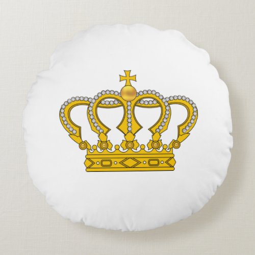 Golden Royal Crown on White Round Pillow