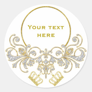 Golden Royal Crown + your backgr. & ideas Classic Round Sticker
