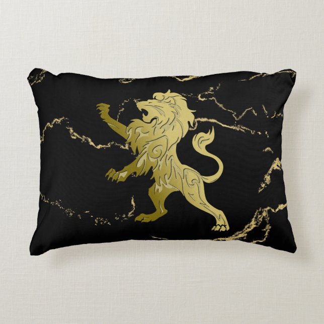 Golden Royal Lion Black Marble Accent Pillow (Front)