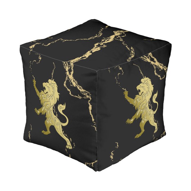 Golden Royal Lion Black Marble Pouf (Angled Front)