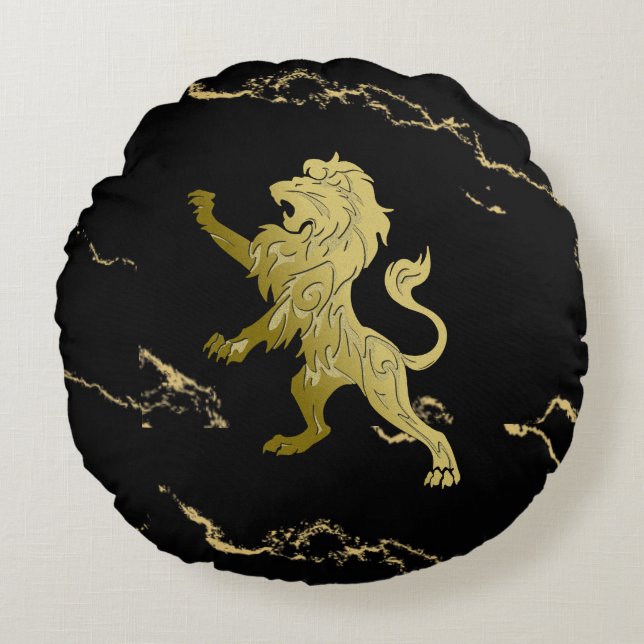 Golden Royal Lion Black Marble Round Pillow (Front)