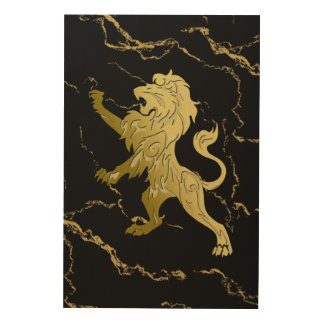 Golden Royal Lion Black Marble Wood Wall Art