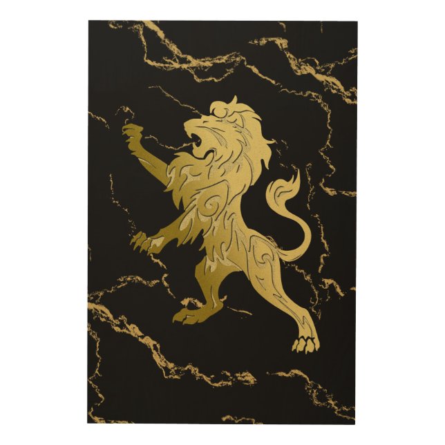 Golden Royal Lion Black Marble Wood Wall Art (Front)